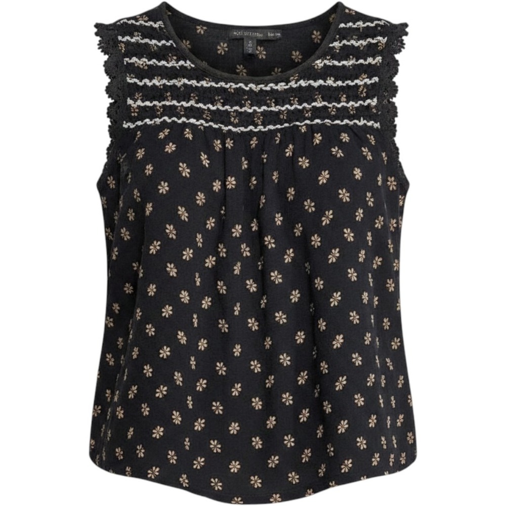 Anna Sui Black Floral Silk Wool Smocked Top‎ sleeveless lightweight babydoll S P